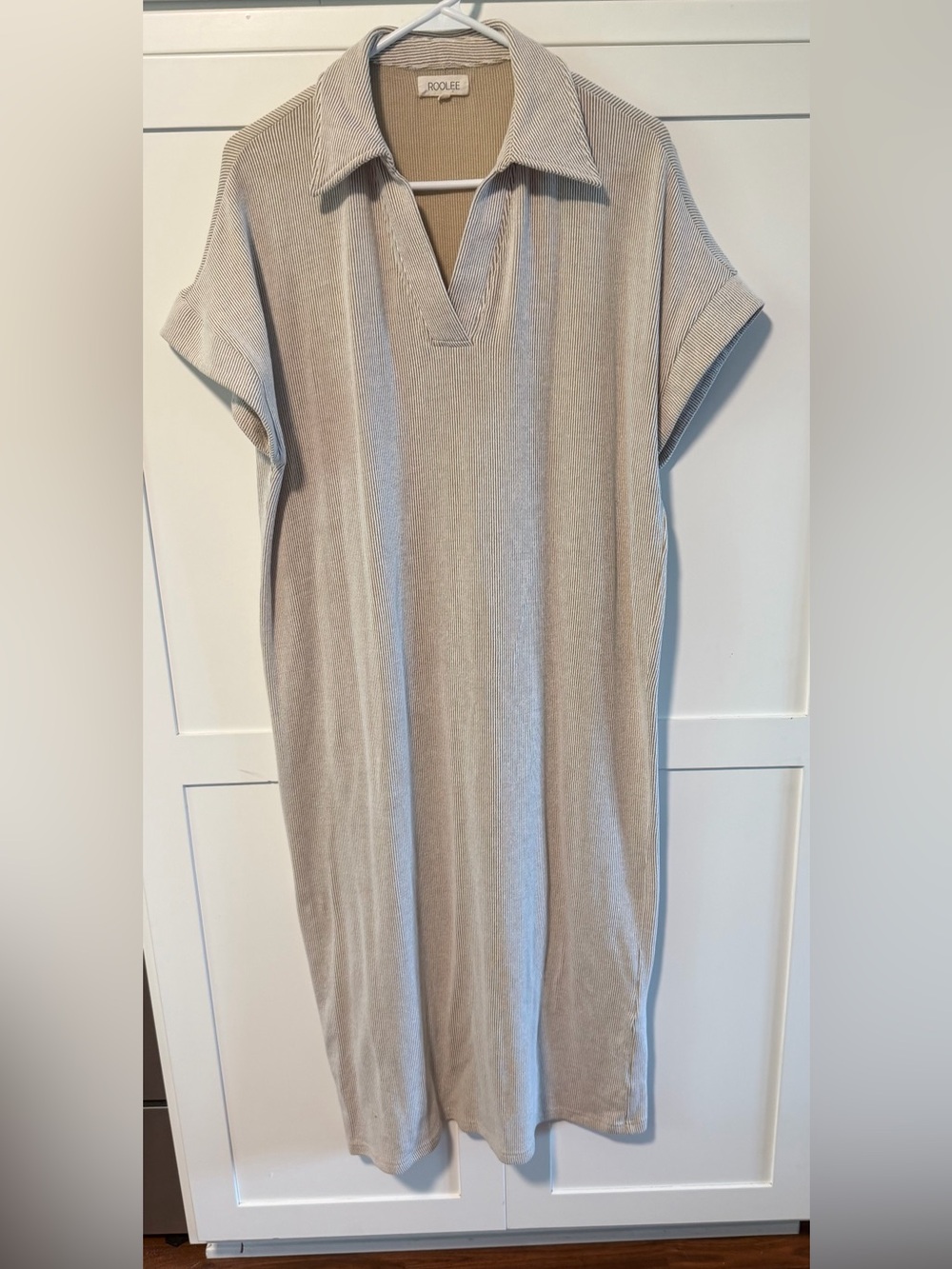 Roolee Neutral Cotton Blend Ribbed Maxi Dress in Beige Stripe